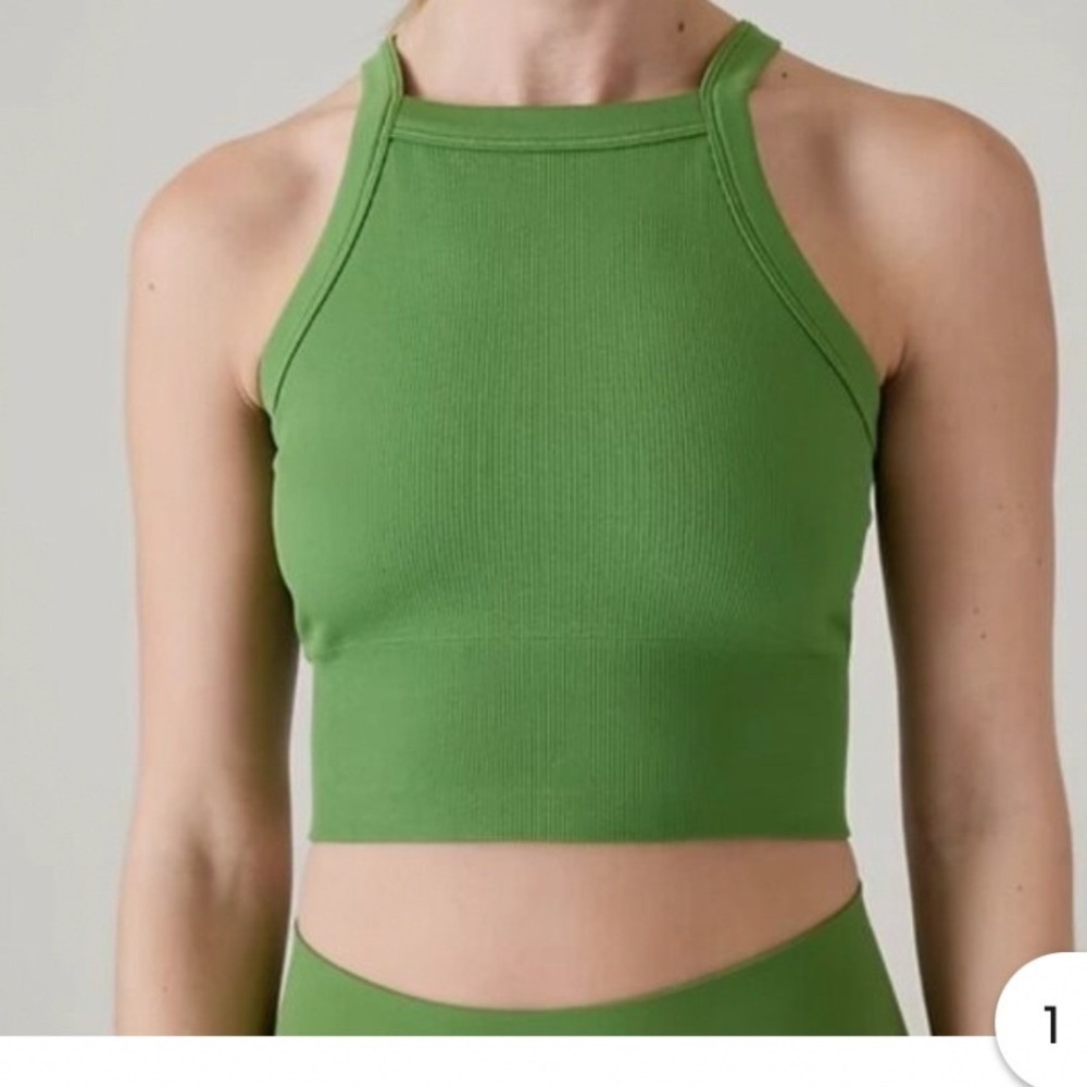Athleta Aurora High Neck Cropped V Back Seamless Tank Top Greenβ XXS Ribbed Yoga